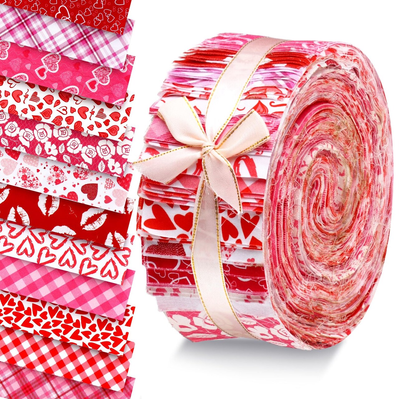 60 Pcs Cotton Jelly Valentine's Day Fabric Roll Heart Fabric Strips Valentine's Day Quilting Roll for Quilting Cloth Patchwork Sewing DIY Craft, 12 Styles
